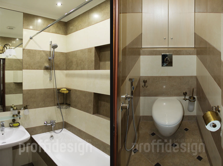 Дизайн ванной с нишами в стенах, туалет с хозяйственным шкафом, фото